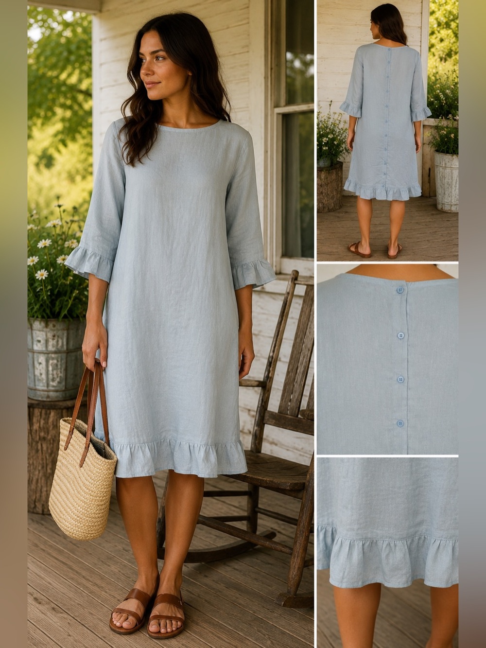 LJC Designs Linen Shift Dress M Blue Ruffle Hem Back Button Cottagecore Boho